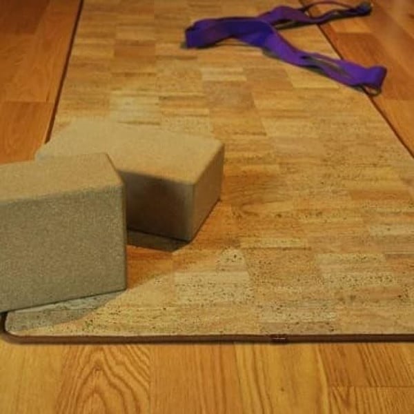 Cork yoga blocks on a yoga mat
